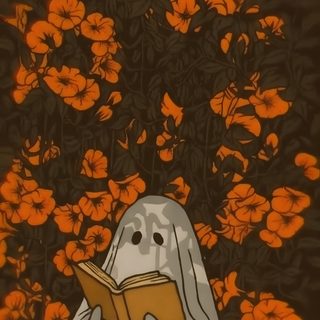there is a ghost reading a book in front of some orange flowered trees and bushes Halloween Kindle Halloween Aesthetic Background, Anime Fall Aesthetic, Fall Aesthetic Animated, dark olive green