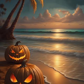 two jack o lantern pumpkins sitting on top of a beach next to the ocean Beach Halloween Beach Halloween, Summerween Phone, Beach Halloween Pictures, Scary Beach, dark slate gray