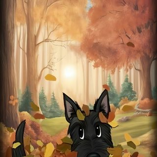 a painting of a black dog laying in leaves on the ground with fall foliage around it Halloween Scottish Terrier Scottie Dog Fall, Scottie Dog Autumn, Cute Scottish Terrier Art, sienna