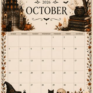 an october calendar with pumpkins, books and bats on it's cover is shown Halloween Calendar Halloween Calendar, October Calendar, Printable Calendar, Calendar Design, bisque