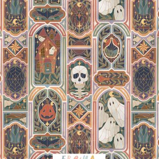 an image of a halloween themed wallpaper with pumpkins and ghostes on it Halloween Celtic Tiles Custom Halloween Scene, The Design Files, Halloween Patterns, rosy brown