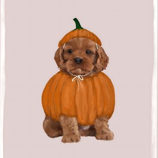 a small brown dog wearing a pumpkin costume Cute Halloween Puppy Cockerspaniel Halloween Art, Cute Fall Pet Illustration, Autumn Festive Dog Illustration, light gray