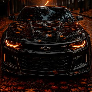 a car parked on the side of a road with leaves all over it's surface Halloween Car black