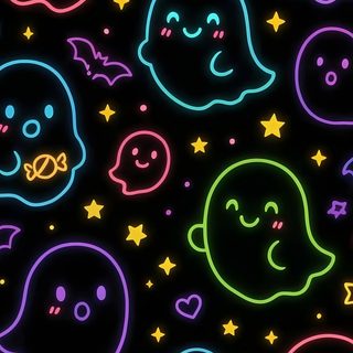 neon glow stickers on a black background with stars and ghost faces in different colors Neon Halloween Pattern Glow In The Dark Halloween, Neon Halloween Iphone, Colorful Ghost, black