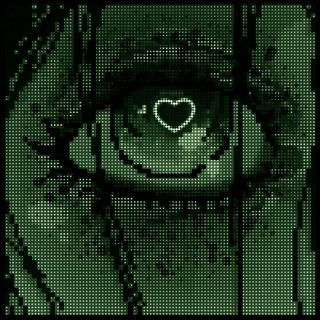 a teddy bear with a heart on its face is seen through the bars of a window Aesthetic Sage Green Halloween Creative Digital Art Ideas, Green Pixel Art, Pixelated Eye With Heart, black