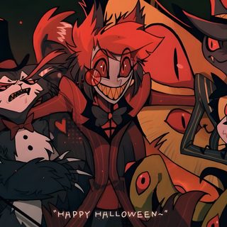 some cartoon characters are standing together in front of a black and red background with the words happy halloween written on it Hazbin Hotel Halloween Hazbin Hotel Desktop, Hazbin Hotel Computer, Hazbin Hotel Laptop Background, dark slate gray