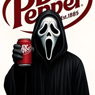 a person in a black hooded outfit holding a can of dr pepper with the word dr pepper on it Dr Pepper Halloween Dr Pepper Monster, Dr Pepper Backgrounds, Dr Pepper Poster, saddle brown