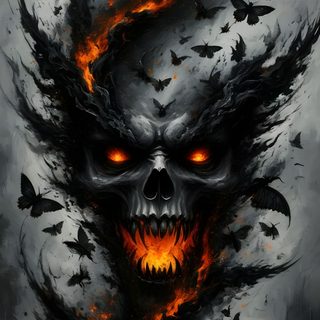 a skull with fire and butterflies on it's head is shown in this artistic painting Halloween Skull 4k Demonic Backgrounds, Skulls Design, Flaming Skull, Skull In Flames, dark slate gray