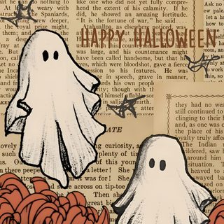 two ghostes sitting on top of flowers in front of an old book with the words happy halloween Vintage Halloween Aesthetic Cute Ghost, November Backgrounds, Spooky Thanksgiving, Autumn Vibes Aesthetic, tan