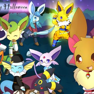 many pokemon characters are standing together in front of a purple background with the words happy halloween Eevee Evolutions Halloween Eevee Cute, Pokemon Halloween, Pokemon Eevee Evolutions, Pokemon Dolls, gray