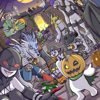 several cartoon characters dressed up in costumes and holding pumpkins on a city street at night Digimon Halloween Scarecrow Digimon, Bleach Halloween Episode, Witch Digimon, Nerd Cave, Digimon, dim gray