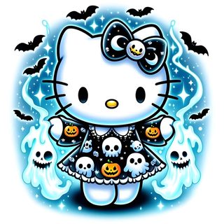 a hello kitty with skulls and pumpkins in her dress is surrounded by ghost bones Blue Hello Kitty Halloween Cute Halloween Costume Inspiration, Halloween Hello Kitty Art, Halloween Party Decoration Ideas, light cyan
