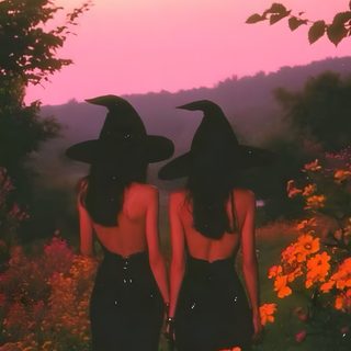 two women in black dresses and witches hats walk through flowers at sunset with the sun setting behind them Sapphic Halloween Aesthetic Witches, Witch Wife, 2 Witches, Spooky Lesbian, Witchy Women, saddle brown