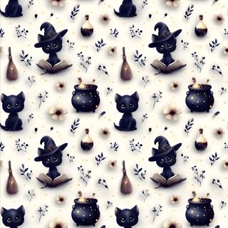 an image of a pattern with cats and witches Halloween Fabric Cat Bones Witch And Cat Pattern, Whimsical Art, Dark Backgrounds, Pattern, linen