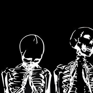 three skeletons sitting next to each other in front of a black background with white writing on it Halloween Skeleton Desktop Youtube Banner Dark Aesthetic, Goth Aesthetic Cover Photo, Goth Cover Photo, black