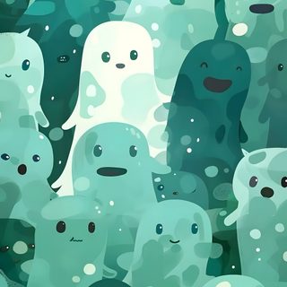 an image of many little monsters in the water Halloween - Ghost Mood - Aqua Green Background Ghost Pattern, Cute Green Ghost, Blue Ghost,