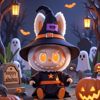 a stuffed animal wearing a witches hat and sitting in front of pumpkins on the ground Halloween Labubu Halloween Labubu, Halloween Cute Animal Illustrations, Cute Halloween Panda Art, dark slate gray