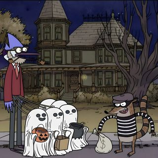 two cartoon characters dressed up as ghostes in front of a large house at night Regular Show Halloween Cartoon Network Fall, Regular Show Halloween Pfp, Old Cartoon Network Halloween, dark slate gray