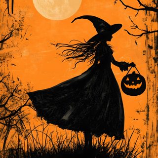 a painting of a witch holding a pumpkin in front of a full moon and trees Vintage Halloween Witch Fall Witch, Happy Halloween Pictures, Witch, Halloween Backgrounds, saddle brown