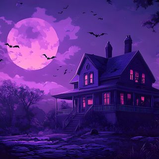a creepy house with pumpkins in front of it and a full moon behind it Halloween Purple Pumpkin Purple Halloween Gif, Purple Halloween Laptop, Purple Background Halloween Art, midnight blue