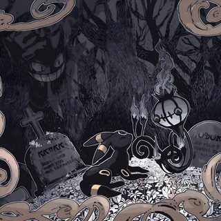 an illustration of a dog in a cemetery surrounded by skulls and tombstones, with a lantern on the ground Umbreon Halloween 1920x1080 Gothic Pokemon, Ghost Type Pokemon Aesthetic, Pokemon Cemetery, dark slate gray