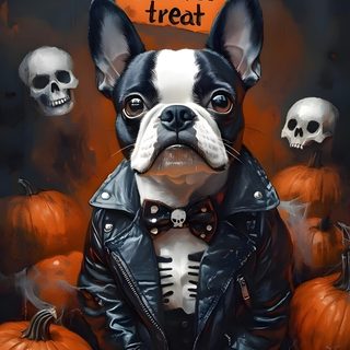 a painting of a dog wearing a leather jacket with skulls around it and a sign that says trick or treat Halloween Boston Terrier Boston Terrier Halloween Drawing, Boston Terrier Halloween Clipart, Halloween Boston Terrier, dark slate gray