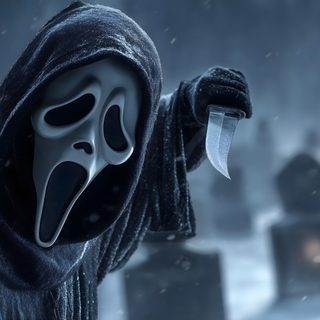 a person wearing a mask and holding a knife in front of tombstones on a snowy day Halloween 4k Ghost Norse Symbols, Header Para Twitter, Ghost Face Pc, Ghost Face For Computer, dark slate gray