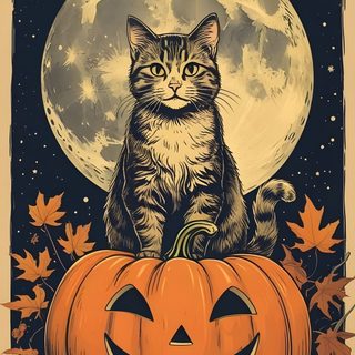 a cat sitting on top of a pumpkin in front of a full moon and stars Orange Cat Halloween October Cat, Halloween Cats Art, Pumpkin Cat, Cat Halloween, Happy Halloween Cat, sienna