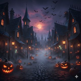 an animated halloween scene with pumpkins and bats Halloween Village For Pc Witchy House, Halloween 2, Halloween Village, Purple Sky, dark slate gray