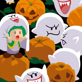 a group of cartoon characters with pumpkins and ghost faces in the background on a black background Halloween Mario Cartoon Ghosts And Pumpkins, Cute Halloween Card Design, Halloween Cartoon Illustration, sienna