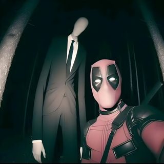 two mannequins dressed as deadpool and spider - man stand in the dark Deadpool Halloween Memes Profile Icon, Slenderman And Deadpool, Cool Deadpool Profile Picture, black