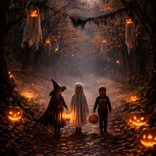 two children dressed up as witches and pumpkins in the woods at night with lights on Large Scale Halloween Trick Or Treats Spooky Halloween Pictures, Halloween Pumpkin Stencils, Happy Halloween Pictures, black
