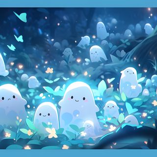 a group of ghost standing in the middle of a forest filled with leaves and flowers Blue Cute Halloween Cute For Chromebook, Pc Wallapers Aesthetics, Gamer For Ipad,