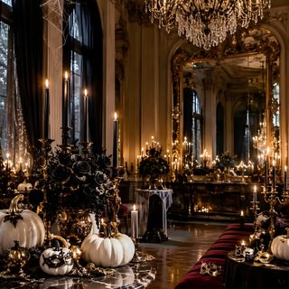 a fancy dining room with chandeliers and pumpkins Halloween Chandelier maroon