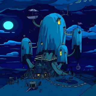 an animated image of a giant blue creature in the middle of a night time scene Halloween Adventure Time 1366x768 Hd, Laptop, 4k Desktop, Mac, Adventure Time Art, midnight blue