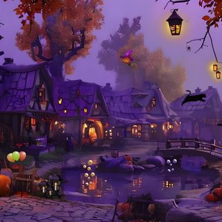 an animated halloween village with pumpkins and lights Halloween Village 4k Halloween Landscape, Halloween Pc, Ghost, Friendly Ghost, Purple Hues, dark slate gray