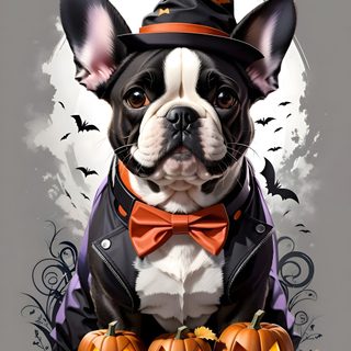 a dog wearing a hat and bow tie sitting next to pumpkins Halloween Boston Terrier Diy Halloween Decorations For Pets, Black And White Bulldog Halloween, Halloween Bulldog With Witch Hat, gray