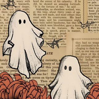 two ghost heads sitting on top of flowers in front of an old book page with text Aesthetic Lock Screen Aesthetic Lock Screen Cute Halloween Cute Ghost, November Backgrounds, Spooky Thanksgiving, tan