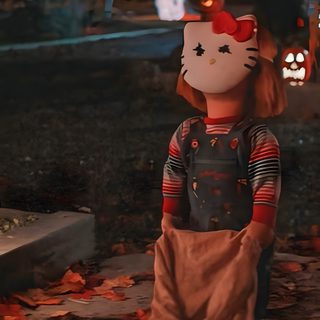 a hello kitty doll is standing on the ground in front of some pumpkins at night Halloween Chucky Chucky Halloween, Chucky Movies, Halloween Backgrounds, Scary Movie Characters, black