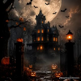 halloween scene with pumpkins in front of a creepy house and full moon behind it Halloween Screensavers Iphone black