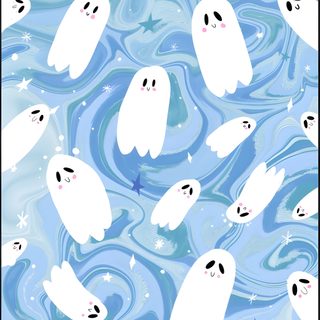 a group of white ghost floating in the air with stars and bubbles around them on a blue background Pastel Blue Halloween Teal Ghost Pattern, Aesthetic Cute Halloween Blue, Pastel Blue Halloween,