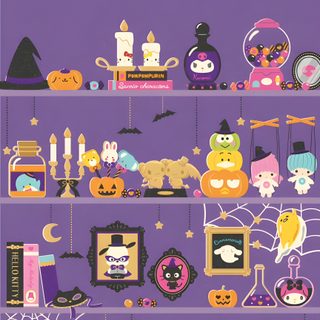 a purple poster with halloween decorations on it Sanrio Halloween Pastel Keroppi Halloween, Spooky Sanrio, Kuromi Halloween, slate gray