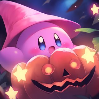 a cartoon character holding a pumpkin with stars in the background Kirby Halloween 4k Fall Kirby, Kirby Halloween Pfp, Pokemon Halloween Desktop, dark slate gray
