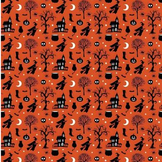 an orange and black pattern with trees, houses, and moon in the sky on it Halloween Fair Isle chocolate