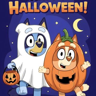 two cartoon cats are standing next to each other in front of a halloween card with the words happy halloween on it Bluey And Bingo Halloween dark slate gray