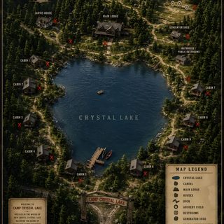 the map for crystal lake, which is located on top of a hill in the middle of Camp Crystal Lake Halloween Lake Map, Crystal Lake, Camping, Map, Crystals, black