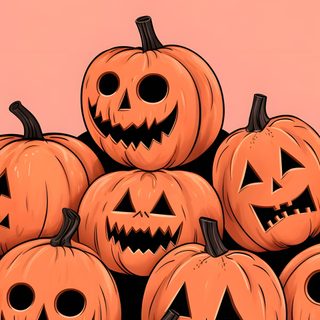 a pile of jack o lantern pumpkins with faces drawn on them in front of a pink background Halloween Peach October, Spooky Pumpkin, Halloween Pumpkin Ideas, Halloween, Spooky Halloween Pumpkin, coral