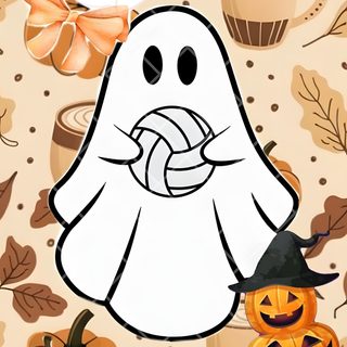 a cartoon ghost surrounded by pumpkins and leaves Volleyball Halloween Fall Volleyball Backgrounds, Fall Volleyball, Stitch Volleyball, Halloween Soccer, wheat