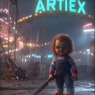 an animated character holding a knife in front of a neon sign that reads artex Halloween Chucky Horror Gif, Scary Halloween Videos, Mr Bean Funny, dark slate gray
