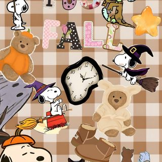 a group of cartoon characters on a checkered table cloth with pumpkins and other halloween items Cute Cute Snoopy Halloween tan
